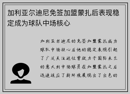 加利亚尔迪尼免签加盟蒙扎后表现稳定成为球队中场核心